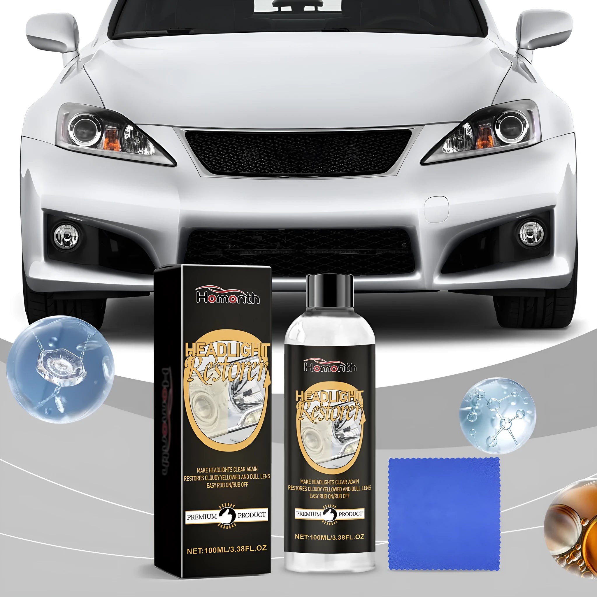 Car headlight polishing kit with 100ml care solution bottle and microfibre towel