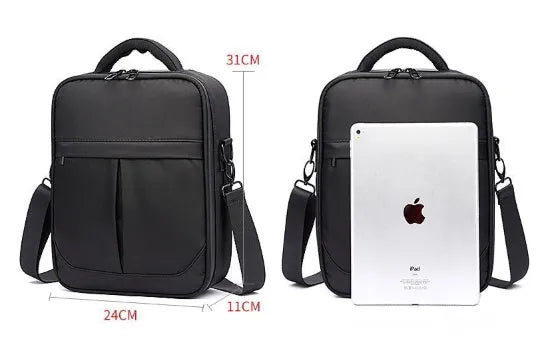 Black men's messenger bag made from Oxford fabric showing shoulder strap and main compartment.