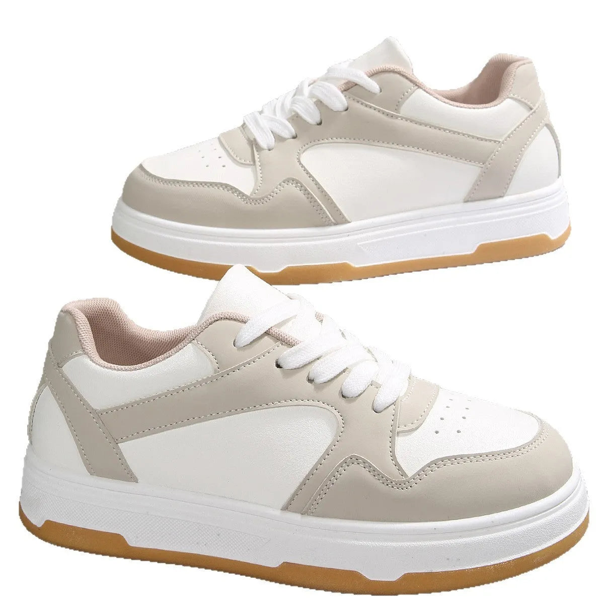 Women's khaki Korean-style thick-soled casual sneakers with PU patent leather upper and cross-strap design