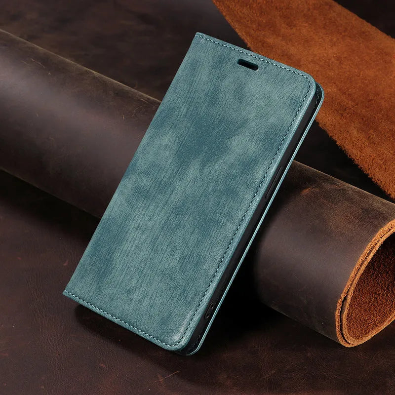 Magnetic flip phone case in synthetic leather showing closed front cover and open view revealing card slot for iPhone.