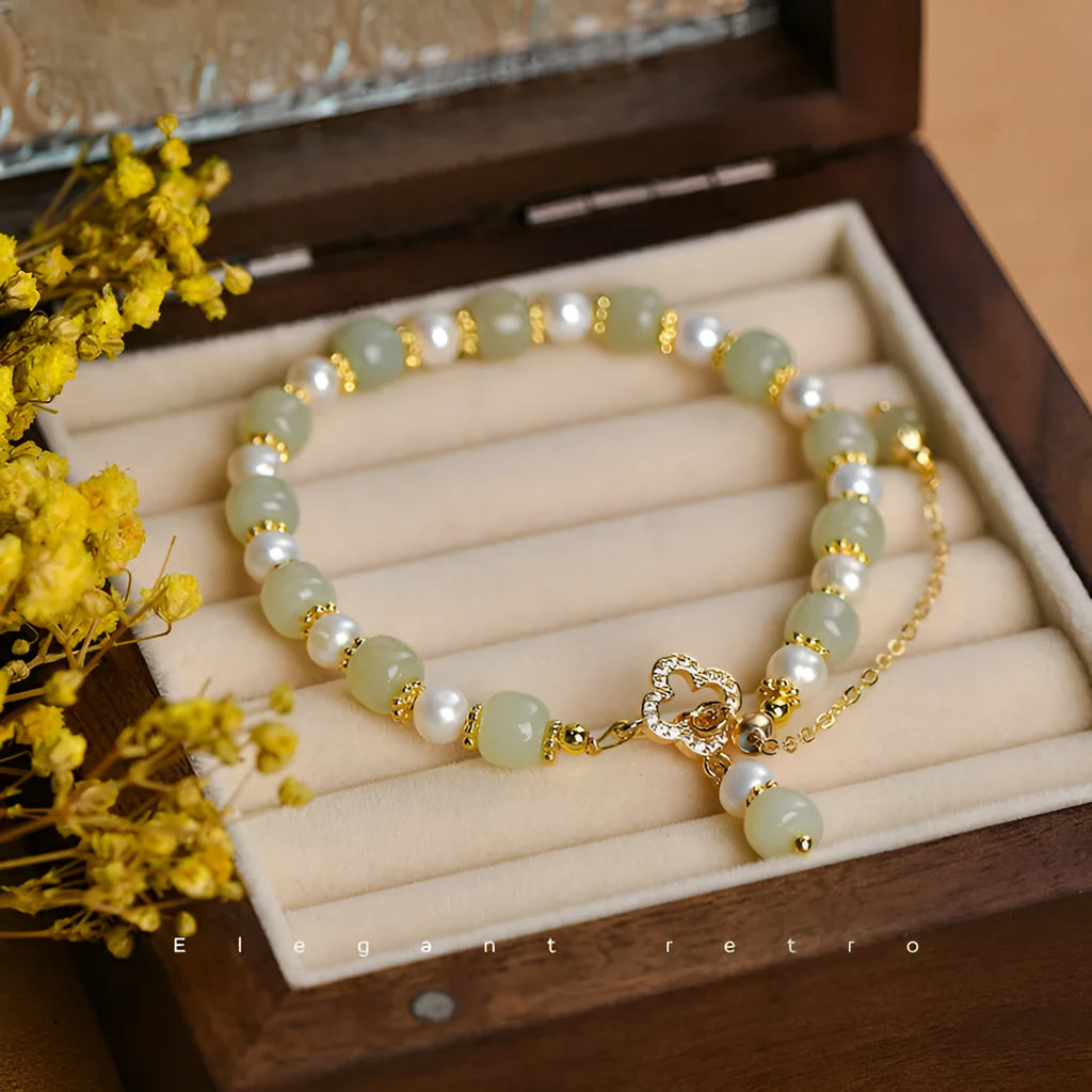 Hetian Jade women's bracelet with natural jade pearl pendant and gold electroplated alloy metal