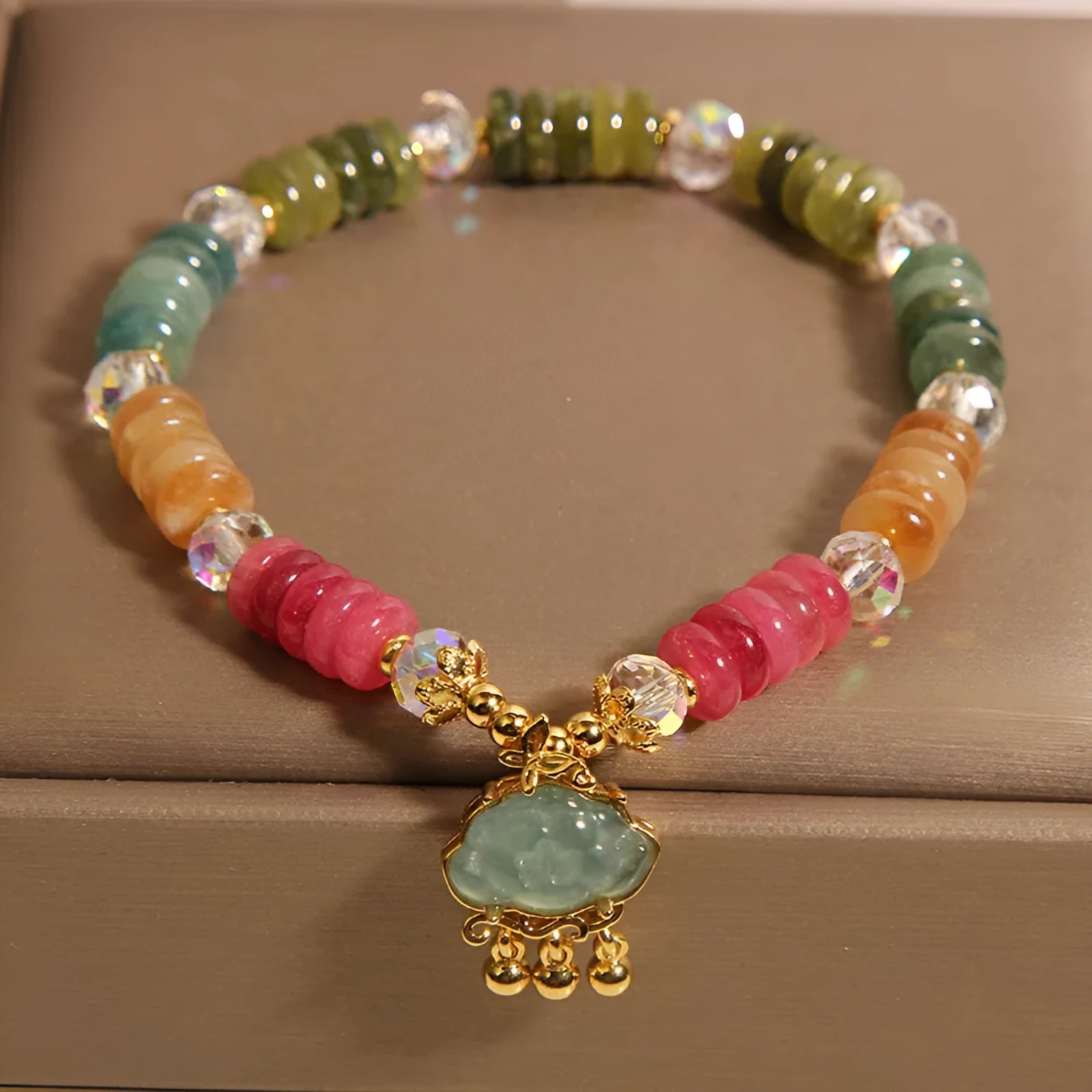 Colourful tourmaline jade Xiangyun pattern crystal bracelet with alloy inlay setting for ladies jewellery