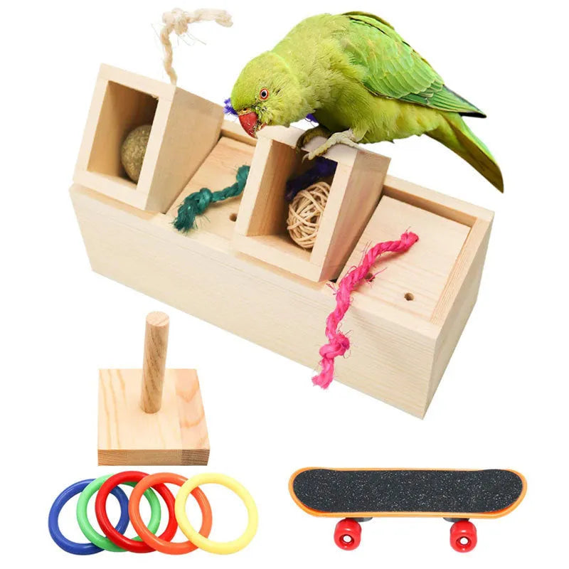 Wooden parrot puzzle training toy set for bird enrichment activities