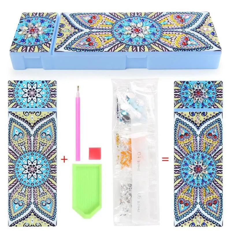 DIY diamond painting kit with PU leather wrist bag, resin diamonds, and tools for a creative craft project.