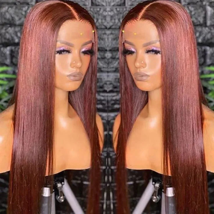 Red brown 33 colour human hair wig with transparent lace, long straight style with side bangs, 16-30 inch lengths