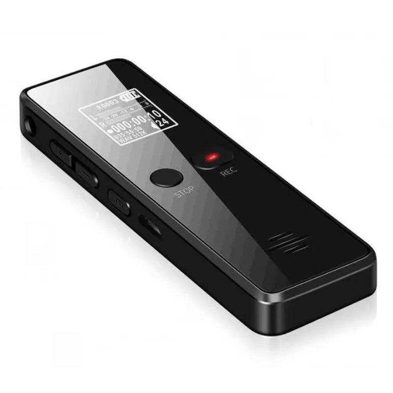 Black zinc alloy USB voice recorder and MP3 player showing LCD screen and compact size.