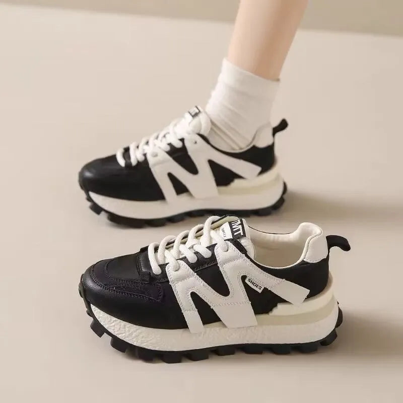 Women's casual platform sneakers with non-slip sole, artificial PU upper, round toe, low top, in Beige and Black