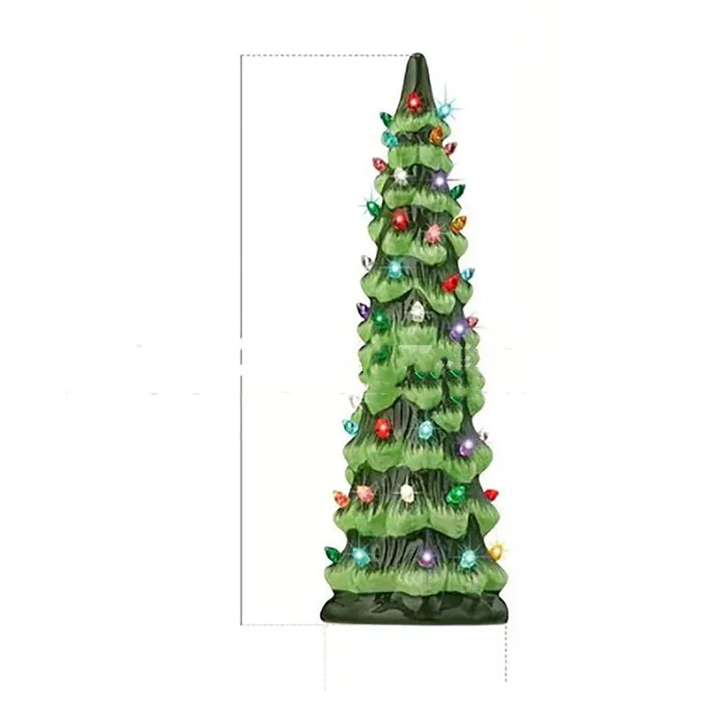 A resin Christmas tree decoration with lights, shown in a European style, suitable for indoor or courtyard use.