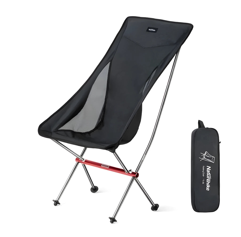 Portable ultralight aluminium camping chair in black with carry bag, folded for transport