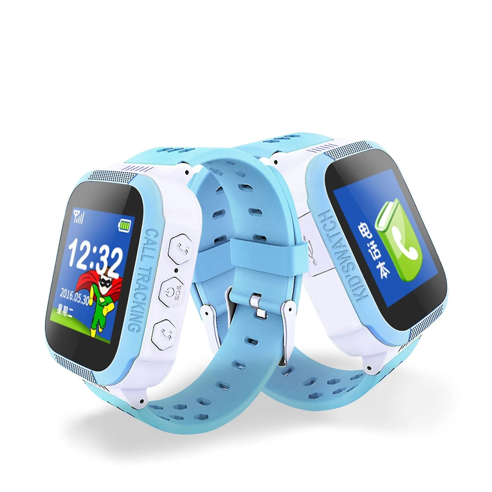 Blue children's phone watch with 1.44-inch screen showing time display
