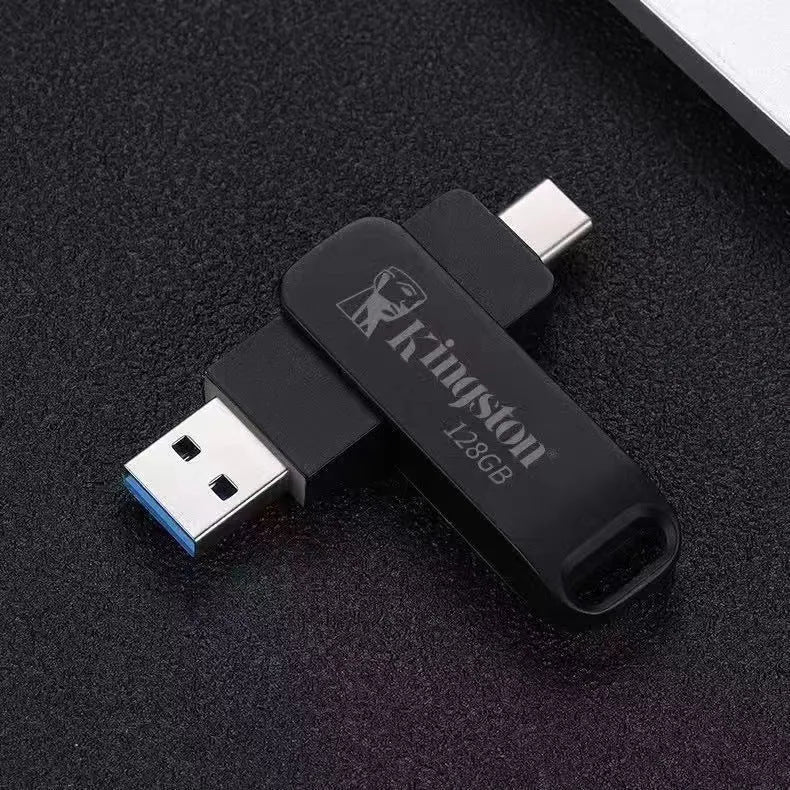 Rotating metal USB flash drive showing black and silver colour options with Type-C and standard USB connectors