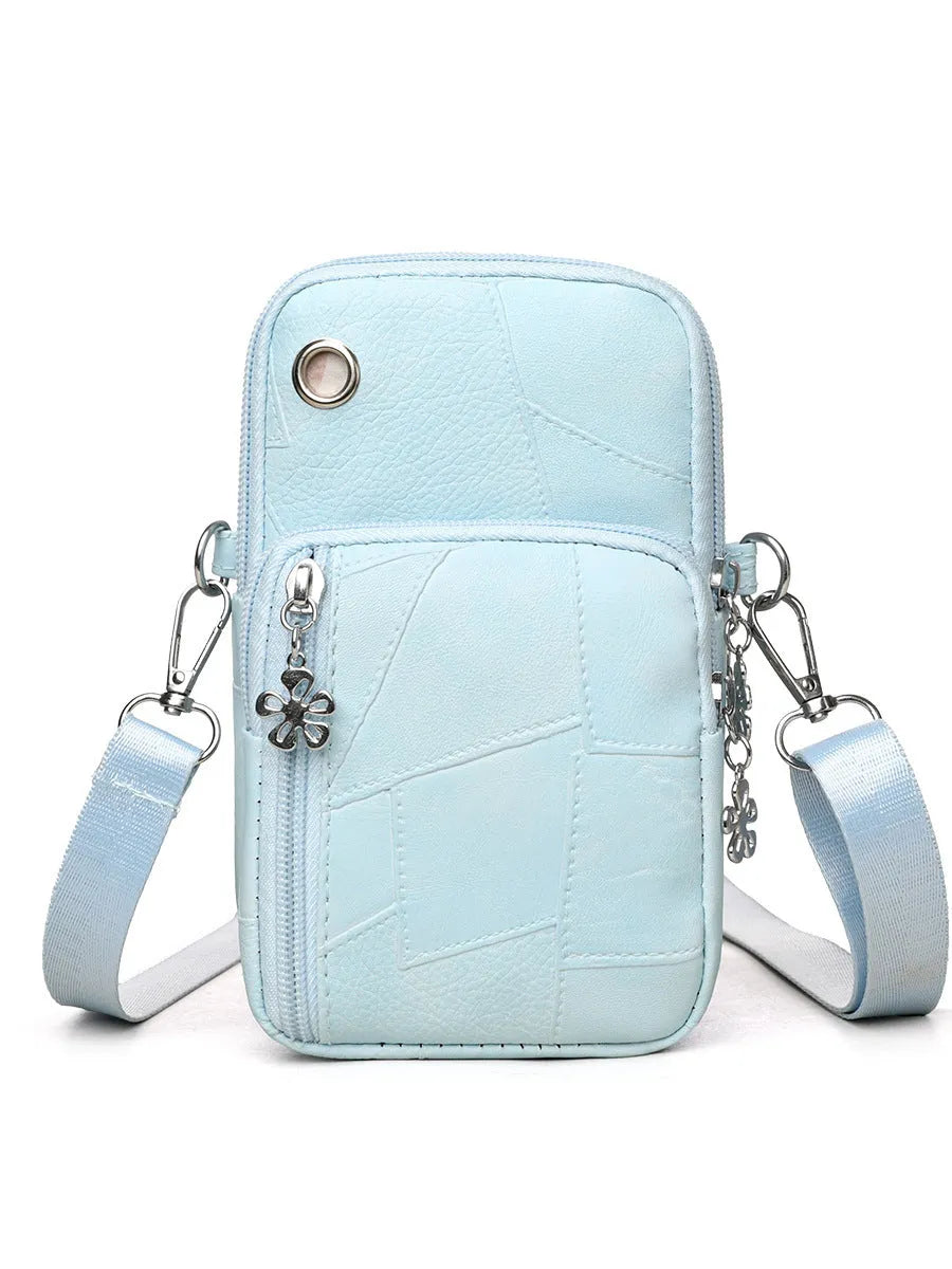 Brown PU leather vertical square mobile phone bag with crossbody strap and sandwich pocket.