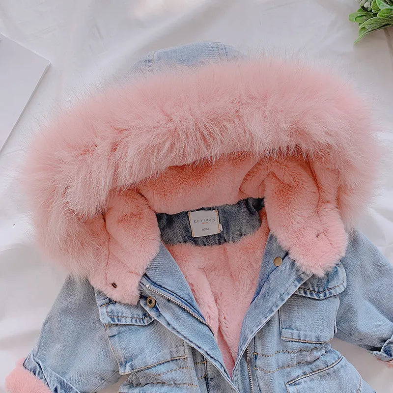 Blue girls denim coat with non-detachable hood and fleece lining.