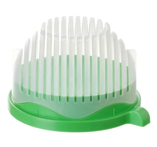 Blue salad cutter bowl showing removable cutting lid placed on a base with a raised rim.