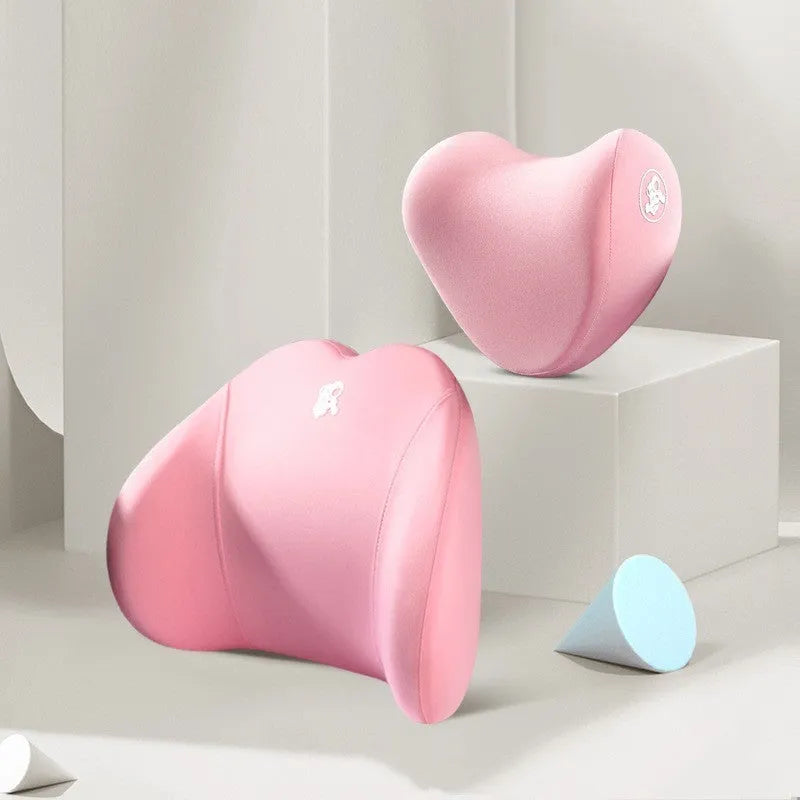 Heart-shaped car pillow set with headrest and lumbar support pillow in soft cotton, shown in assorted colours