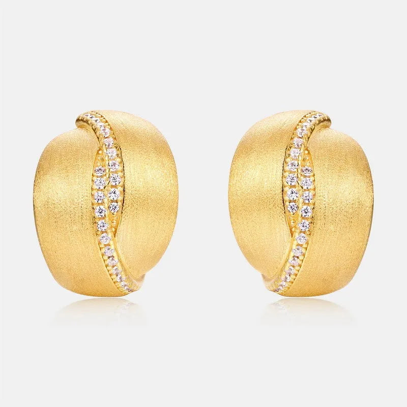 Frosted brushed geometric ear studs in 925 silver with 10k gold swimming paint finish, gold colour, pair of women's earrings