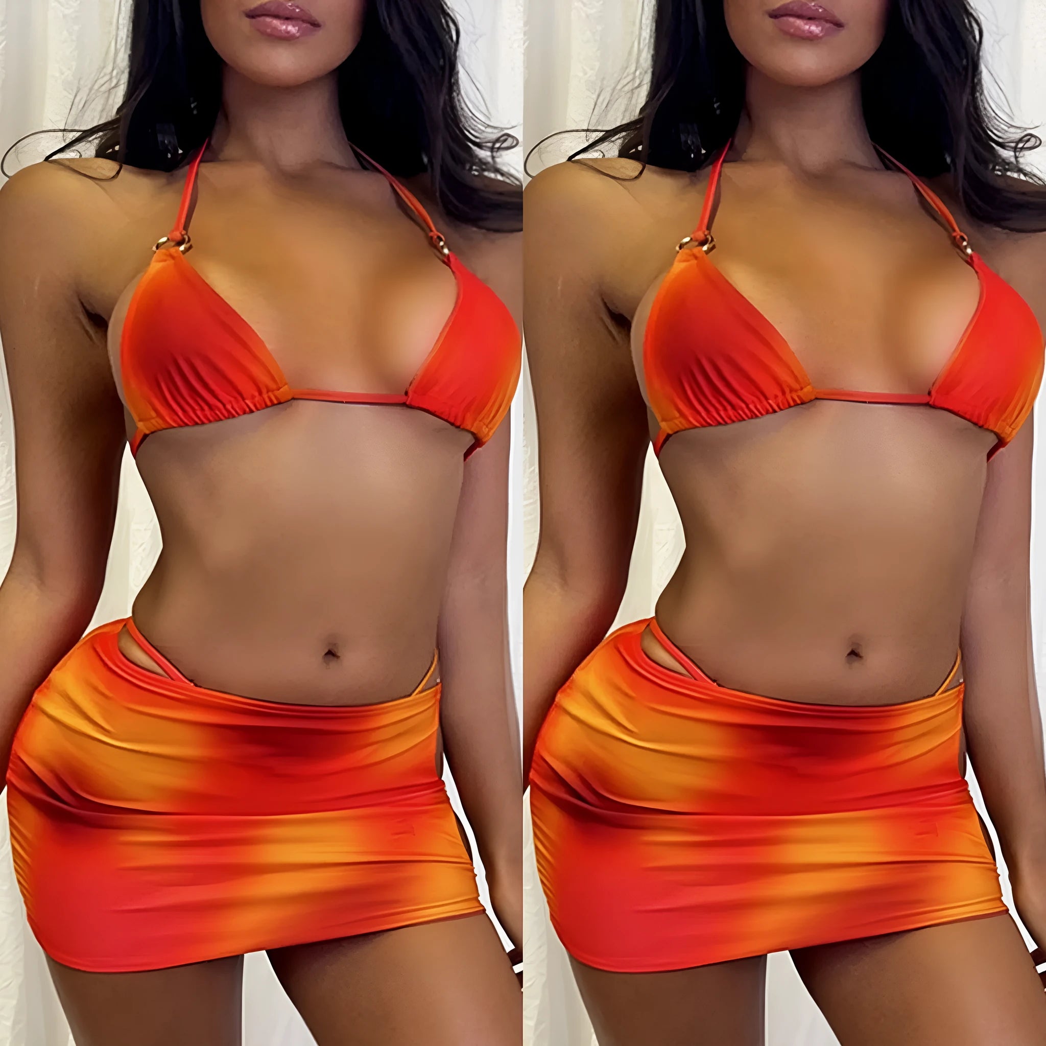 Tie-dye gradient print three-piece swimsuit set with halter top, bikini bottoms, and wrap skirt laid flat.