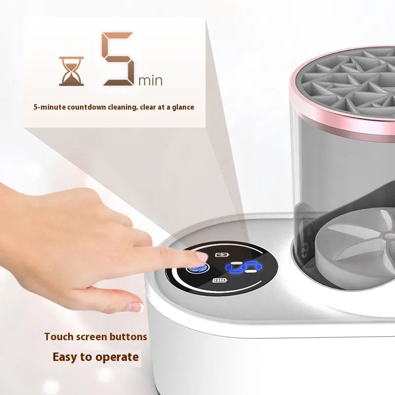 Automatic electric makeup brush cleaning device with drying chamber showing brushes in silicone cleaning bowl