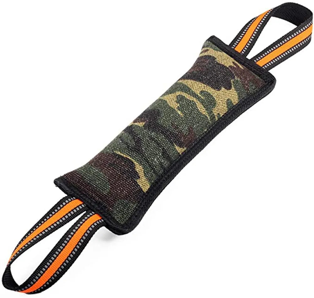 Reflective jute dog bite stick with yellow edge trim measuring 55 cm for training and play