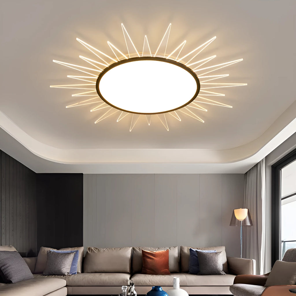 Modern round aluminium ceiling lamp with remote control for dimmable lighting.