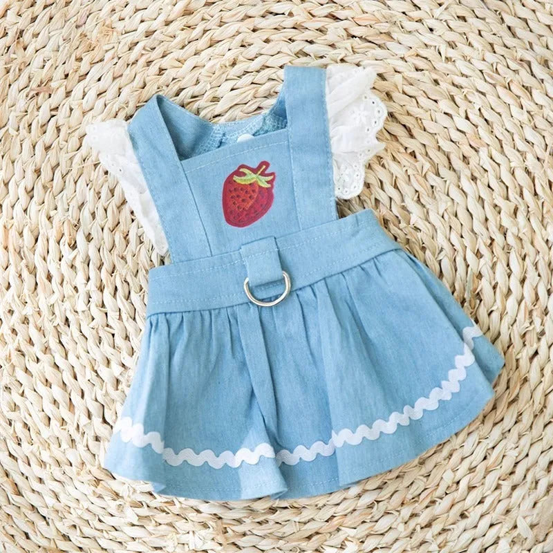 Bondi Blue dog skirt with strawberry print and elastic waistband on a small dog.