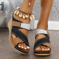 Women's platform wedge slipper with Velcro strap in a two-tone colour, showing fish mouth toe design.