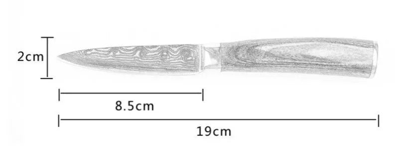 Stainless steel kitchen chef knife with laser Damascus pattern on blade and coloured wood handle.