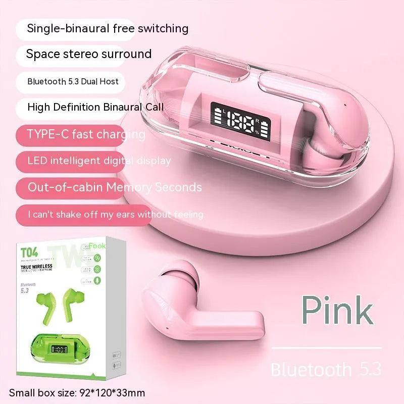 Bluetooth 5.3 wireless headset with transparent digital display charging case shown in pink, black, green, and white colour options.