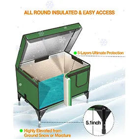 Green foldable cloth cat cage shown in three sizes S, M, L for outdoor delivery rooms or pet bedding.