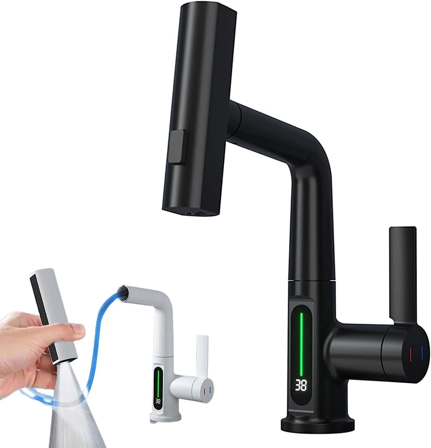 Digital display pull-out kitchen faucet with LED temperature readout and rotating waterfall spout