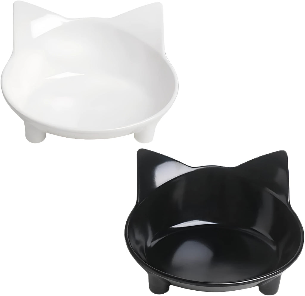 Shallow melamine pet food bowl with anti-skid rubber base in black or white