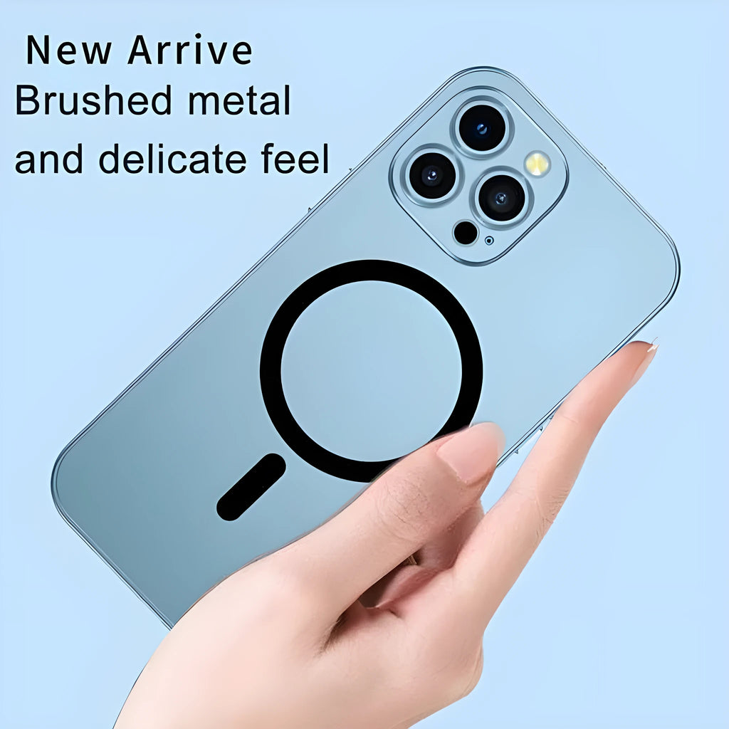 Aluminium alloy frame iPhone case with magnetic back and glass camera lens cover in dark purple colour