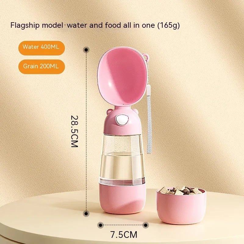 Portable dog water bottle and feeder bowl for outdoor travel in yellow, pink, or brown.