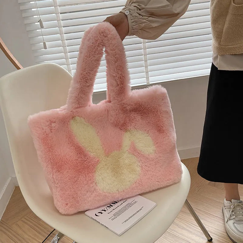 Plush shoulder bag with rabbit ears in solid colour with large shopping capacity
