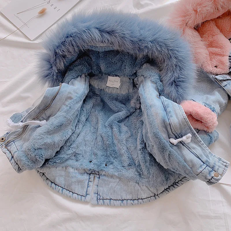 Blue girls denim coat with non-detachable hood and fleece lining.