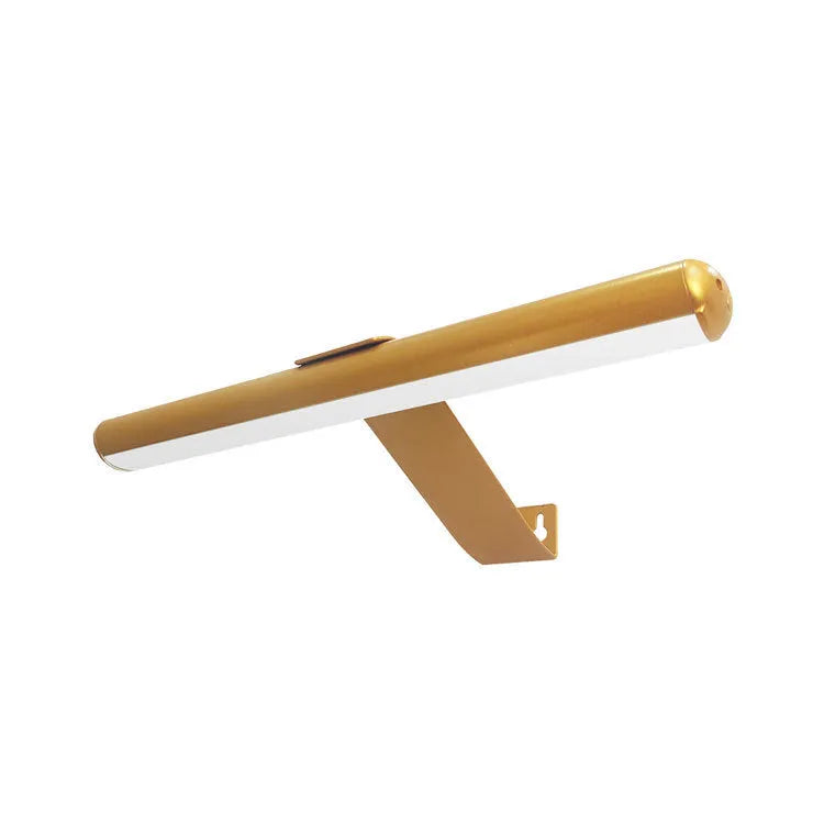 Oval gold oil painting lamp with magnetic mount and remote control placed above a bathroom mirror