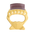 Shell-shaped pet grooming brush with coloured handle and wire bristles for dog and cat hair removal