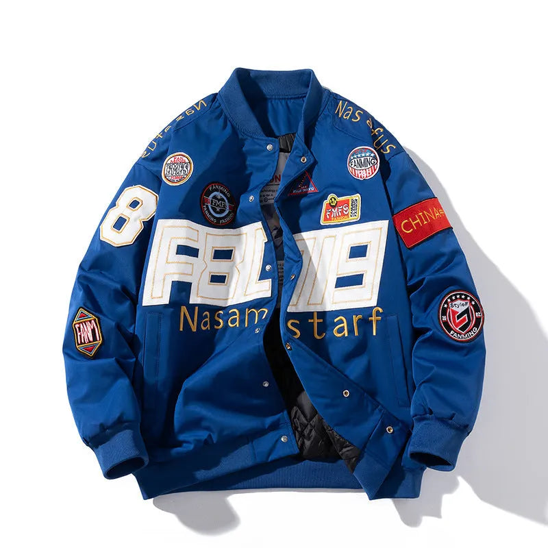 Black loose-fit motorcycle baseball jacket with detachable hood on a hanger