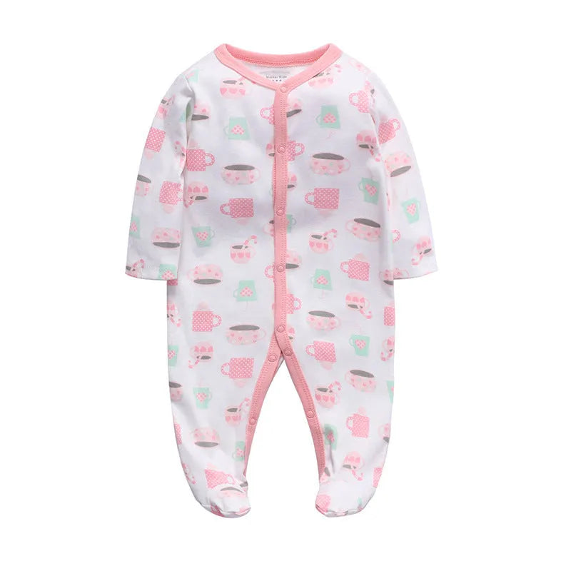 A soft cotton baby one-piece garment featuring a dinosaur print, shown on a hanger.
