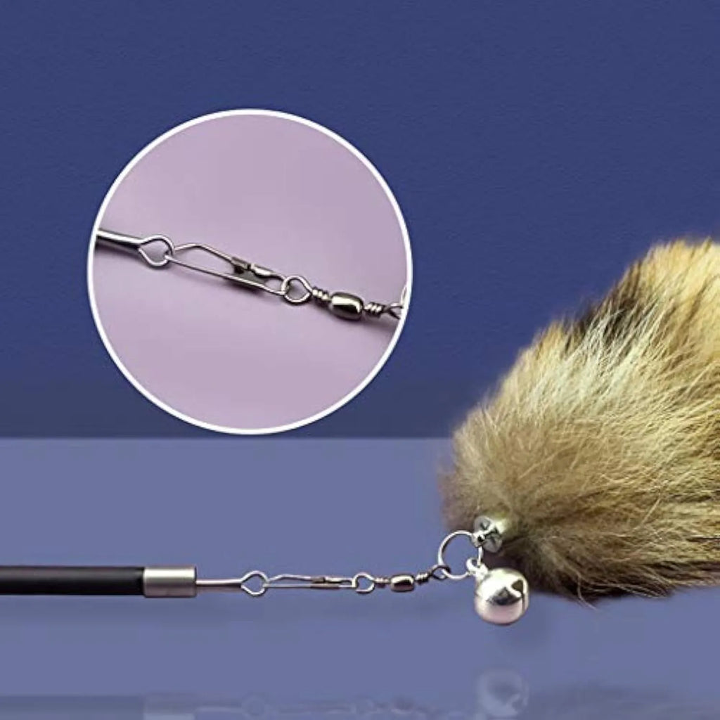 Black cat wand teaser with feather lure and extended elastic string for interactive play