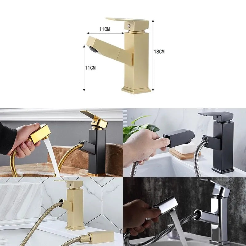 Square pull faucet in brushed brass with electroplated gold finish for hot and cold water control