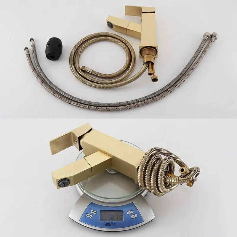 Square pull faucet in brushed brass with electroplated gold finish for hot and cold water control