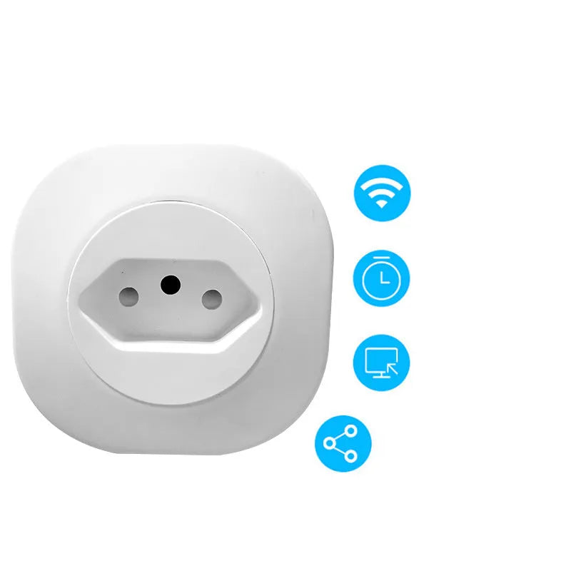 A white smart socket plug with dimensions 70mm x 70mm x 72mm, showing EU, US, and Swiss plug styles.