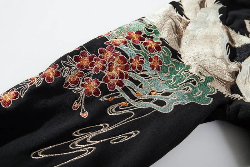 Men's black terry cloth hoodie with full width Chinese embroidery, front view, Asian sizing