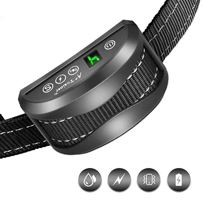 Digital bark training collar with adjustable strap on black, gold, and silver colour backgrounds
