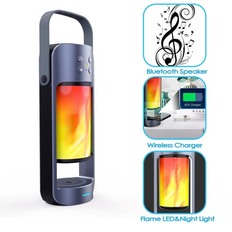 Blue portable Bluetooth speaker with dancing flame LED light showing wireless charging surface