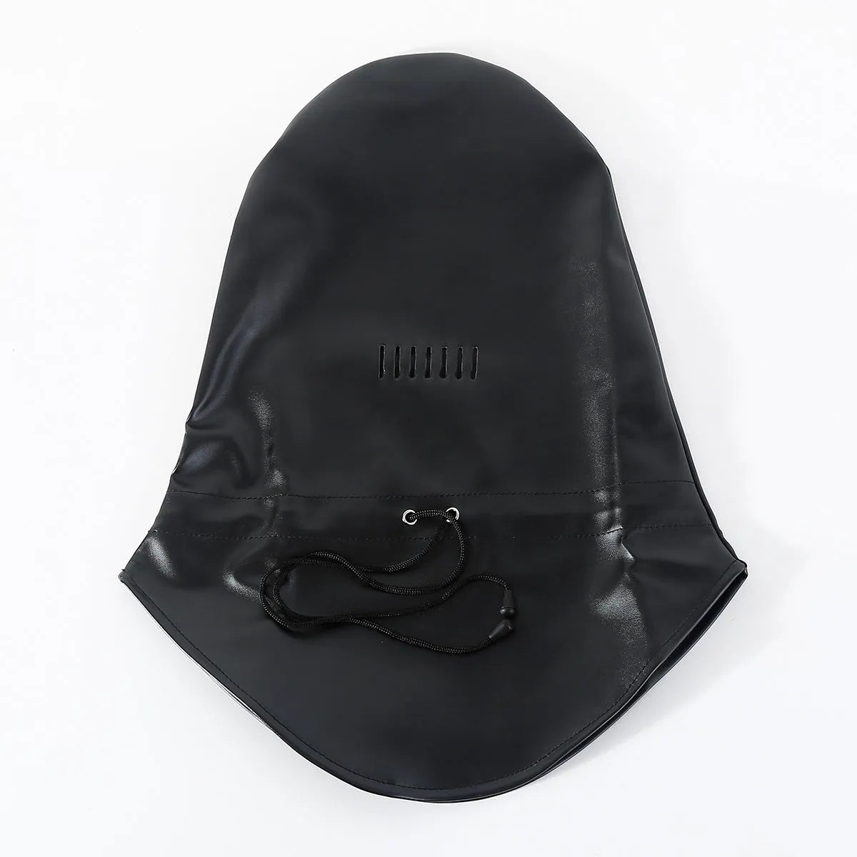 Black leather adult face mask with breathable mesh eye area and adjustable fit straps