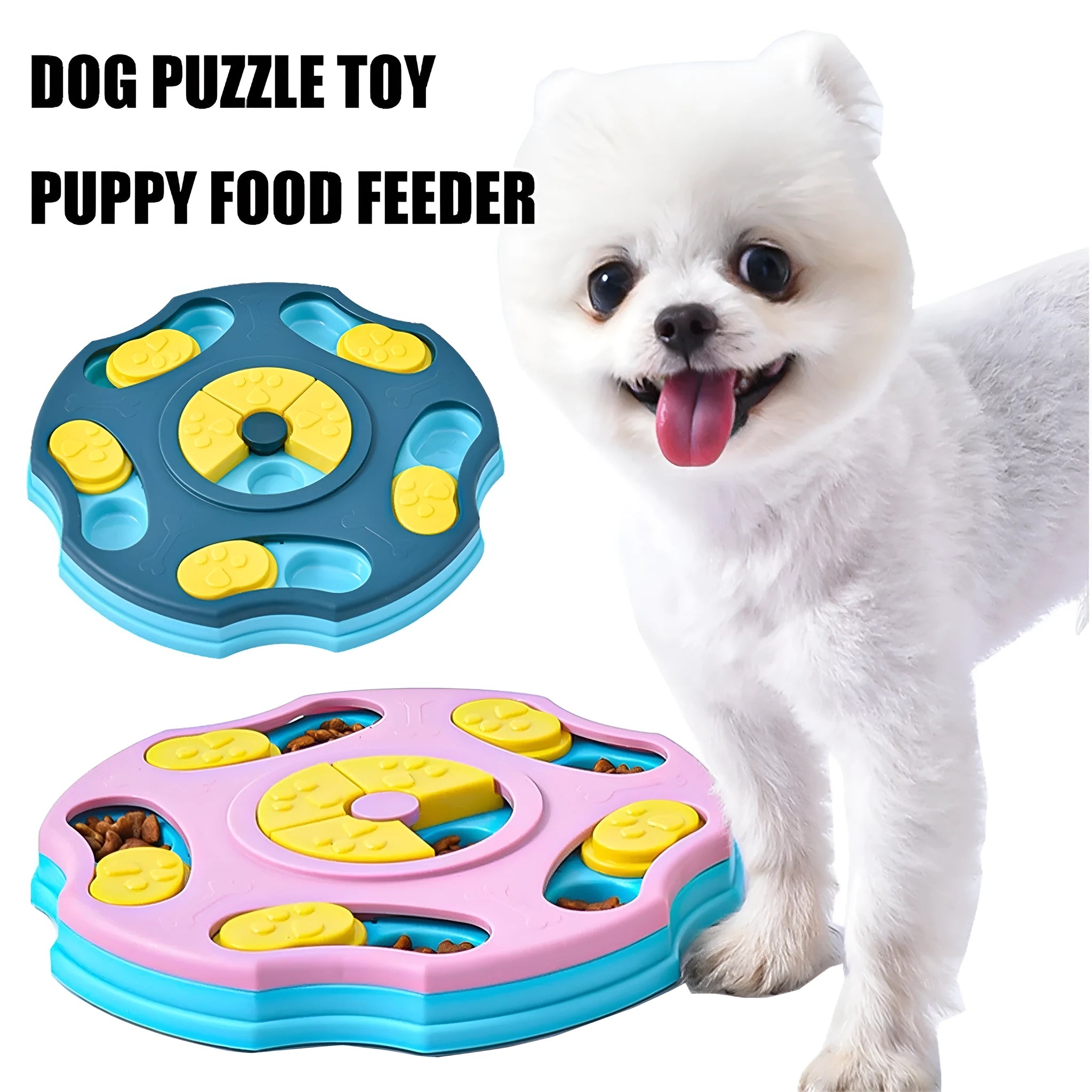 Interactive dog food puzzle feeder with search games for aggressive chewers in blue or pink