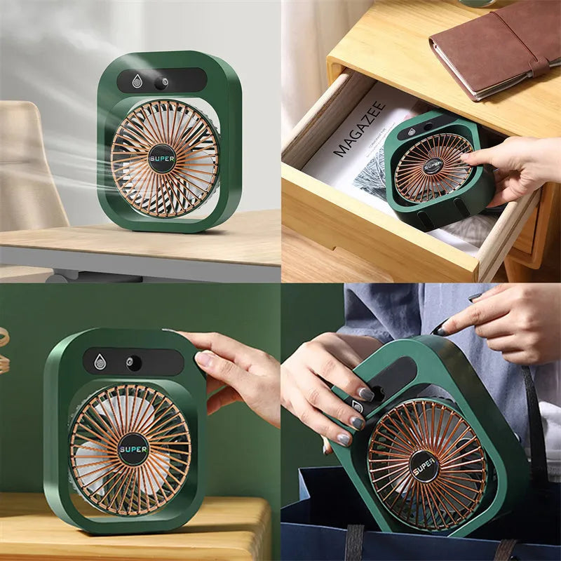 Green and white USB rechargeable portable desk fan with misting humidifier function and adjustable wind direction.