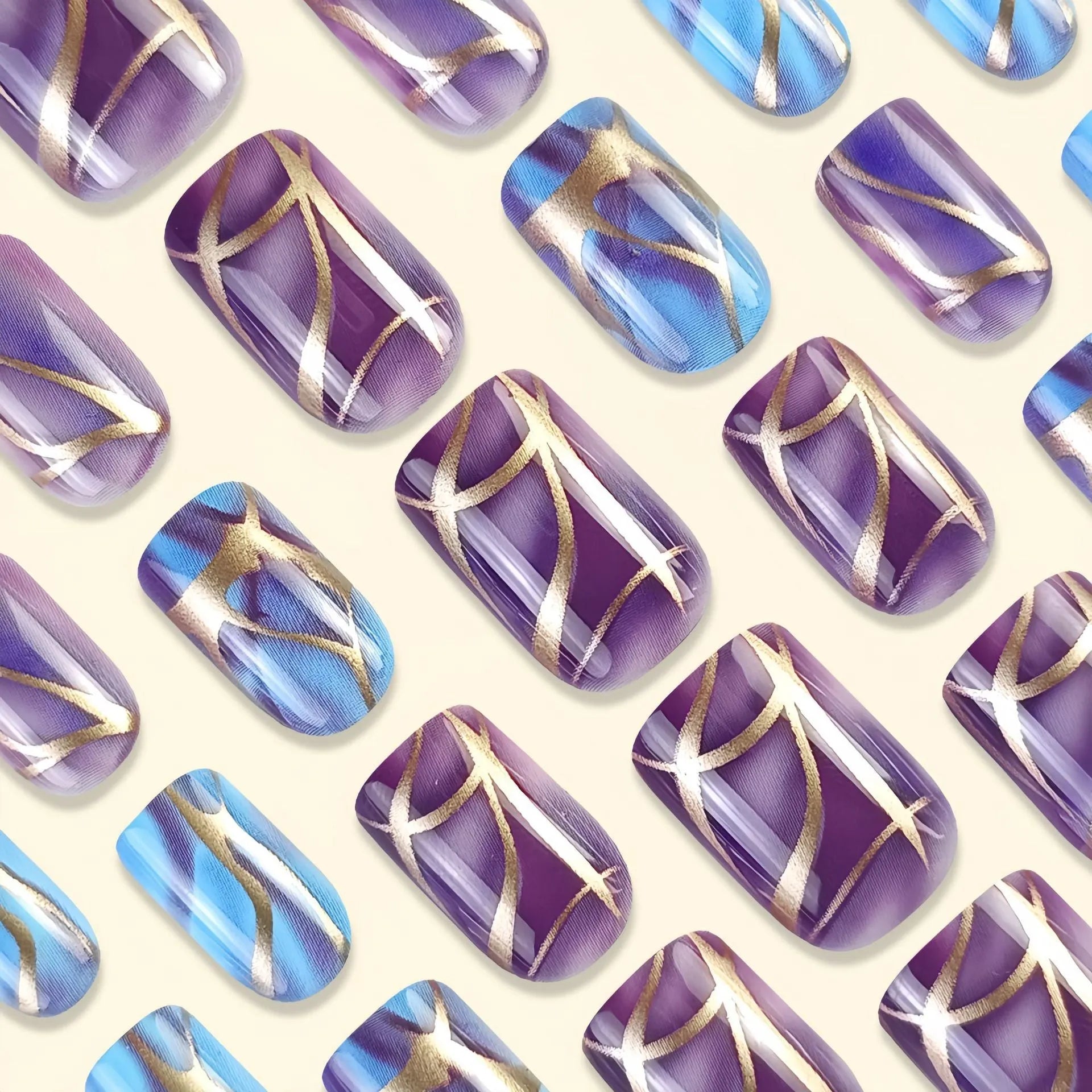 Purple striped nail stickers in medium length European and American style for nail art decoration.